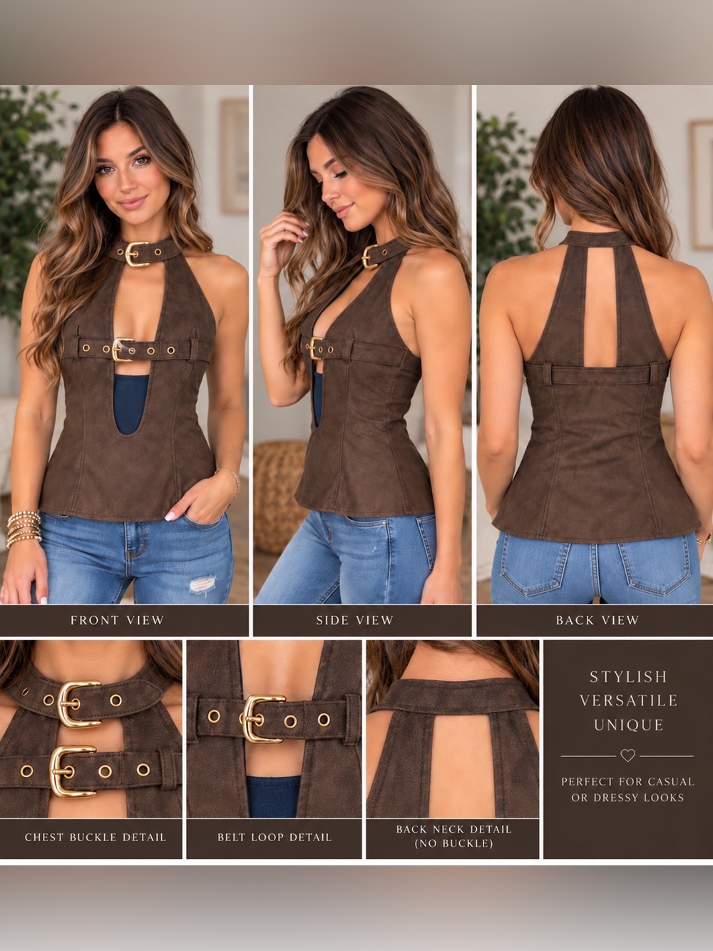 Women’s Brown Faux Leather Halter Top XS Gold Buckle Belt Loop Y2K Corset Vest